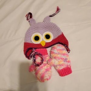 Owl Beanie with Multi Colored Mittens